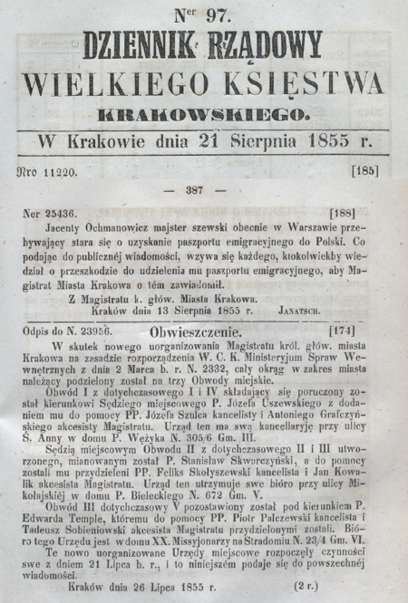 Obwieszczenie z 1855 r. przywołujące podział Krakowa na 3 obwody miejskie i w związku z tym
komunikujące o obsadzeniu stanowisk komisarzy kierujących obwodami – tu także o komisarzu
Stanisławie Skwarczyńskim. W kwestii użytego w obwieszczeniu nazewnictwa urzędu patrz s. 141
(DRzWKK z 1855 r., nr 97, s. 387)