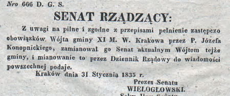 Obwieszczenie Senatu Rządzącego Wolnego Miasta Krakowa opublikowane
w 1835 r., dotyczące powołania Józefa Konopnickiego na urząd wójta
(DzRzWMK 1835, nr 7, s. 25–26)