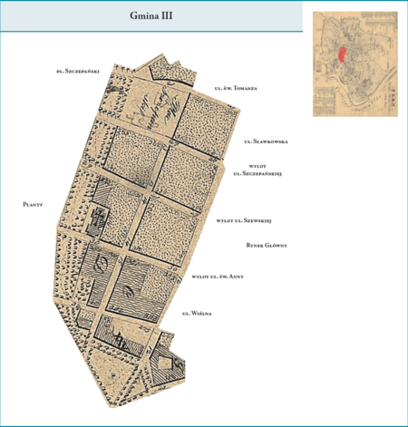 Gmina III według stanu z roku 1816 na przywołanym wcześniej planie miasta z 1831 r. – na jej powierzchnię składały
się dzisiejsze: zachodnia pierzeja Rynku Głównego, w części ul. Wiślnej jej zachodnia pierzeja, a w części obie jej strony,
fragment ul. Franciszkańskiej, zachodnia część ul. Gołębiej, całe ulice św. Anny, Szewska, Szczepańska i Jagiellońska,
pl. Szczepański, południowa pierzeja części ul. św. Tomasza oraz zachodnia pierzeja części ul. Sławkowskiej. Całość
obszaru Gminy III zamknięta była od strony zachodniej linią Plant. Użyte tutaj i przy powyższym planie dzielnicy
nazwy terenowe podano według nazewnictwa obowiązującego aktualnie.
