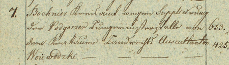 Ze Spisu akt do miasta Podgórza należących obejmującego lata 1805–1818: strona otwierająca spis akt z roku 1805, gdzie
w pozycji nr 7 informacja o zawiadomieniu z urzędu cyrkularnego w Bochni o wyborze Macieja Wojewódzkiego, dotychczasowego
auskultanta, na urząd burmistrza Podgórza – oraz zbliżenie tego wpisu (Archiwum Narodowe w Krakowie, sygn. P 80a, s. 3)