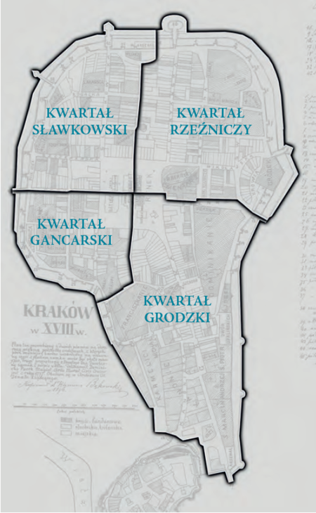 Plan konturowy podziału Krakowa na kwartały w okresie staropolskim
na podkładzie planu miasta
przedstawionego w pełnym kształcie na s. 258