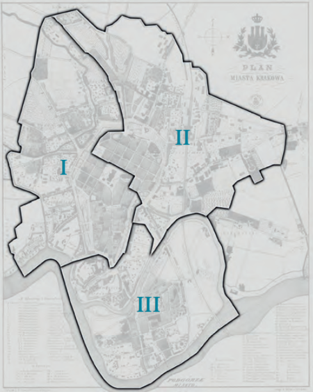 Plan konturowy podziału na obwody w latach 1855–1910
według stanu na rok 1855 na podkładzie planu miasta
przedstawionego w pełnym kształcie na s. 434