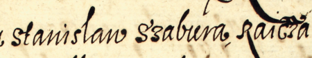 Z księgi ławniczej Kleparza obejmującej lata 1605–1615: początkowy fragment wpisu z 1615 roku
dotyczącego wizji lokalnej na pogorzelisku domu rajcy Stanisława Szabury – oraz zbliżenie zapisu imienia i urzędu
(Archiwum Narodowe w Krakowie, sygn. KL 6, s. 837v)