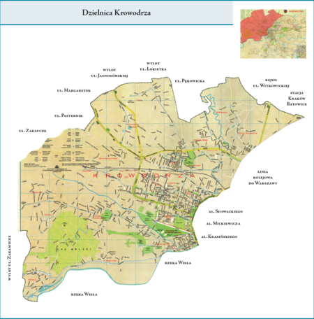 Dzielnica Krowodrza według stanu z roku 1973 na przywołanym wcześniej planie miasta z 1979 r. – dzielnica administracyjna
utworzona z połączenia dwóch dotychczasowych dzielnic, tj. Zwierzyńca i Kleparza – przy jednoczesnych korektach granic, z których
najistotniejszymi było z jednej strony uszczuplenie terenu tak połączonych dzielnic o dawne jednostki katastralne Kleparz, Piasek
i Nowy Świat (weszły w obręb Dzielnicy Śródmieście), z drugiej natomiast strony poszerzenie obszaru o równolegle przyłączone do
granic miasta w jego zachodniej części tereny Olszanicy i Mydlnik. Opis przebiegu granic tej dzielnicy podano na s. 719.