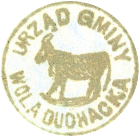 (1900)
Odcisk w laku pieczęci gromadzkiej Woli
Duchackiej z 1843 roku oraz odciski pieczęci
urzędowych z lat 1843, 1900 i 1938
(Archiwum Narodowe w Krakowie,
sygn. K. Krak. op. 83, s. 17; sygn. K. Krak.
op. 76, s. 4; sygn. Kr 7950, nlb.;
sygn. 29/1023/36, nlb.)