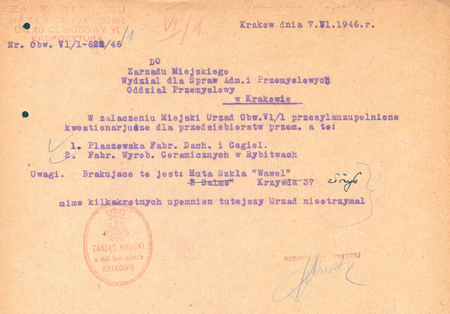 Z magistrackich akt Korespondencja ogólna dotycząca spraw administracyjno-przemysłowych
wykazy i kwestionariusze zakładów przemysłowych, magazynów i chłodni 1946 rok
uzupełnienie zestawienia przedsiębiorstw działających na terenie Obwodu IV sporządzone w tymże
roku przez kierownika Kazimierza Jankowskiego
(Archiwum Narodowe w Krakowie, sygn. 29-699-439, nlb)