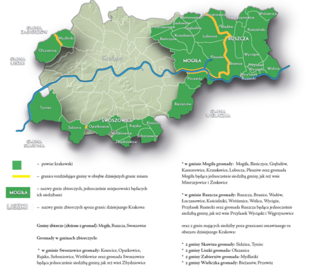 Na planie obrazującym dzisiejsze granice Krakowa miejscowości przyłączone do Krakowa po 1915 roku, oznaczone kolorem określającym
ich przynależność do powiatu krakowskiego wraz z wyodrębnieniem w gminy zbiorcze od reformy podziału terytorialnego z okresu okupacji
niemieckiej do początków Polskiej Rzeczypospolitej Ludowej – w latach 1941–1954