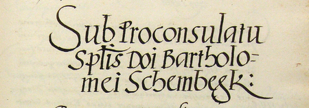 Z księgi radzieckiej obejmującej lata 1561–1567 strony 522–523 z nagłówkiem wpisów spraw prowadzonych
za kadencji burmistrzowskiej Bartłomieja Szembeka w 1564 roku – oraz powiększenie zapisu imienia i funkcji burmistrza
(Archiwum Państwowe w Krakowie, sygn. rkps 445, s. 522–523)