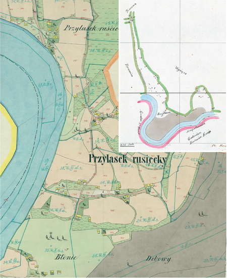 Centrum Przylasku Rusieckiego na mapie katastralnej sporządzonej dla gminy katastralnej Przylasek Rusiecki w 1850 roku oraz pochodzący
z 1847 roku plan sytuacyjny z wyrysowanymi granicami gminy Przylasek Rusiecki i lokalizacją gmin sąsiadujących
(Archiwum Narodowe w Krakowie, sygn. K. Krak. 493 III; sygn. WM 563a, nlb.)