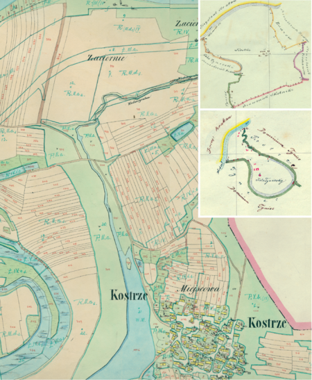 Centrum Kostrza na mapie katastralnej sporządzonej dla gminy katastralnej Kostrze w 1849 roku oraz pochodzące z 1843 roku plany sytuacyjne
z wyrysowanymi granicami gminy Kostrze i przynależnej do niej, choć okresowo samodzielnej, wsi Koło Tynieckie – wraz z lokalizacją gmin sąsiadujących
(Archiwum Narodowe w Krakowie, sygn. K. Krak. 260 I, II; sygn. K. Krak. op. 68, pl. 1–2)