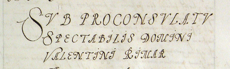 Z księgi radzieckiej obejmującej lata 1594–1597 strony 16–17 z nagłówkiem otwierającym wpisy spraw prowadzonych
za kadencji burmistrzowskiej Walentego Rymera w 1594 roku – oraz powiększenie zapisu imienia i funkcji burmistrza
(Archiwum Państwowe w Krakowie, sygn. rkps 454, s. 16–17)