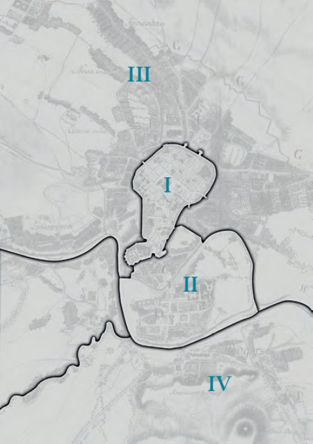 Plan konturowy podziału na gminy w latach 1811–1815 na podkładzie
planu miasta przedstawionego w pełnym kształcie na s. 320