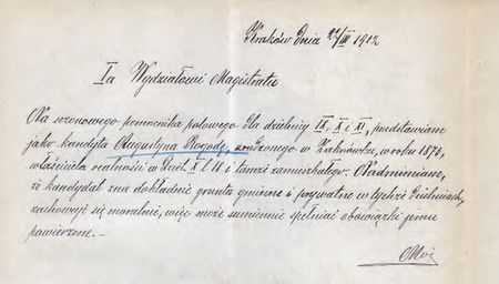 Z akt magistrackich Polowi miejscy – podział rewirów, instrukcja dla polowych, wykazy polowych w gminach
miejskich 1910–1917 dokument pochodzący z roku 1912, w którym zastępca komisarza Obwodu IV dla dzielnic
katastralnych IX, X i XI Tomasz Mól przedstawia kandydata na posadę sezonowego pomocnika polowego
(Archiwum Narodowe w Krakowie, sygn. Kr 6860, nlb)