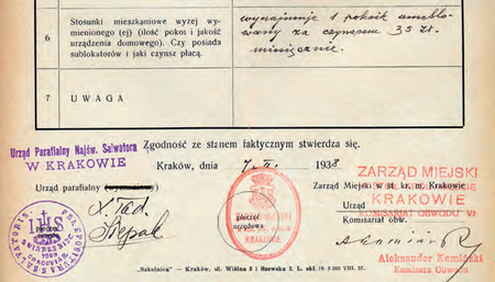 Z akt magistrackich dotyczących przynależności fragment świadectwa ubóstwa z 1938 r. –
potwierdzenie sygnował kierownik Aleksander Kamiński
(Archiwum Narodowe w Krakowie, sygn. Kr 5246, nlb)