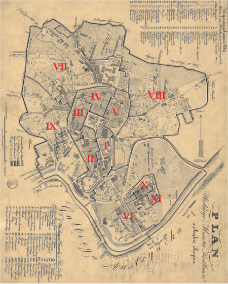 Podział Krakowa na 11 gmin miejskich według stanu z roku 1816 –
na Planie Wolnego Miasta Krakowa w obrębie okopów wyrysowanym przez Tadeusza Mostowskiego
w 1831 r. Podstawa rysunku granic gmin: vide s. 112
(Archiwum Narodowe w Krakowie, sygn. Zb. Kart. II 29)
