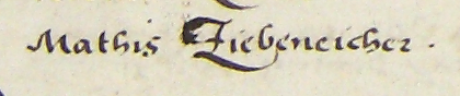 Z księgi radzieckiej obejmującej lata 1581–1584 strony 128–129 z wykazem rajców urzędujących
nominowanych na rok 1582 z Mateuszem (Marcinem) Siebeneicherem w składzie – oraz powiększenie zapisu imienia
(Archiwum Państwowe w Krakowie, sygn. rkps 448, s. 128–129)