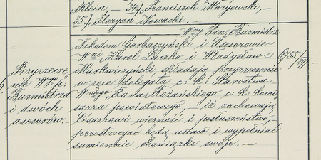 Z księgi uchwał rady miejskiej w Podgórzu obejmującej lata 1897–1900: protokół z posiedzenia zwołanego
26 sierpnia 1897 roku, na którym nowo wybrany burmistrz Nikodem Garbaczyński złożył wraz z dwoma nowymi asesorami
ślubowanie, iż zachowają Cesarzowi wierność i posłuszeństwo, przestrzegać będą ustaw i wypełniać sumiennie
obowiązki swoje (Archiwum Narodowe w Krakowie, sygn. P 8, s. 39)