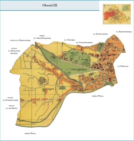 Obwód III według stanu z roku 1938 na przywołanym wcześniej planie miasta z ok. 1939 r. – dzielnica zwierzyniecka, z Piaskiem,
Nowym Światem, Półwsiem Zwierzynieckim, Zwierzyńcem i Czarną Wsią. Wyliczone tu tereny stanowiły odrębne dzielnice katastralne,
kształtując więc powierzchnię tej dzielnicy administracyjnej co do zasady posłużono się biegiem zewnętrznych granic tych właśnie dzielnic
katastralnych. W przyszłości obszar ten stanie się trzonem powstałej w 1954 r. dużej dzielnicy administracyjnej Zwierzyniec. Tereny
położone między Alejami Trzech Wieszczów a Plantami będą oczekiwały na przyłączenie do dzielnicy śródmiejskiej aż do roku 1973.
Użyte przy powyższym planie dzielnicy nazwy terenowe podano według nazewnictwa obowiązującego aktualnie.