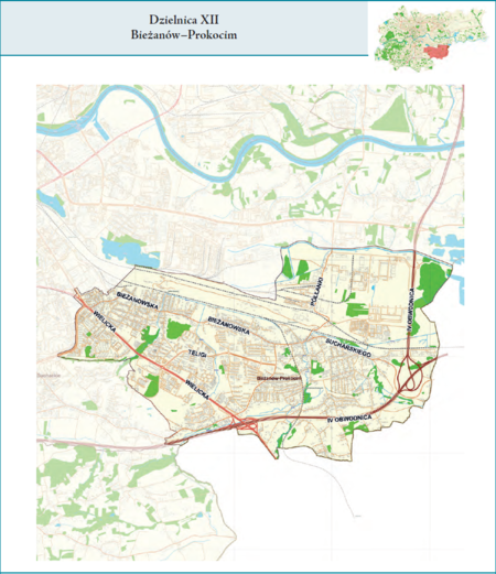 Dzielnica XII Bieżanów–Prokocim według stanu z 2017 r. na przywołanym wcześniej planie miasta z tego samego roku – dzielnica
samorządowa o powierzchni 18,47 km² (udział 5,65% w całej powierzchni miasta), położona na terenach historycznych jednostek
katastralnych: Bieżanów i Prokocim, po części także Rżąka i Wola Duchacka, fragmentem Przewóz (vide plan na s. 239).
Opis przebiegu granic tej dzielnicy podano na następnej stronie.