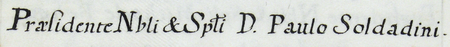 Z urzędowego spisu rajców obejmującego lata 1363–1802 fragment strony 40 z wpisem z 1706 roku o wyborze do rady
na miejsce po zmarłym Andrzeju Bellim (nr 527) Stanisława Laskiewicza (nr 578), czego dokonano
za kadencji burmistrzowskiej Pawła Soldadiniego w 1706 roku – oraz powiększenie zapisu imienia i funkcji burmistrza
(Archiwum Państwowe w Krakowie, sygn. rkps 1477, s. 40)