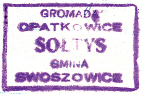 (1948)
Odciski pieczęci urzędowych Opatkowic
z lat 1820, 1855, 1927 i 1948
(CPAHU we Lwowie, sygn. fond 20, opis 1,
sprawa 266; Archiwum Narodowe
w Krakowie, sygn. KZCG 1871, s. 60;
sygn. PUZKr 54, nlb.; sygn. Gm. Sw. 18, nlb.)