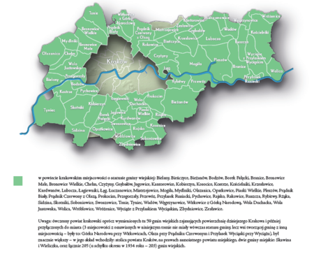 Na planie obrazującym dzisiejsze granice Krakowa miejscowości przyłączone do Krakowa po 1915 roku, oznaczone kolorem określającym ich
przynależność do powiatu krakowskiego wraz z określeniem ich statusu gminy wiejskiej – za czasów II Rzeczypospolitej, w latach 1923–1934