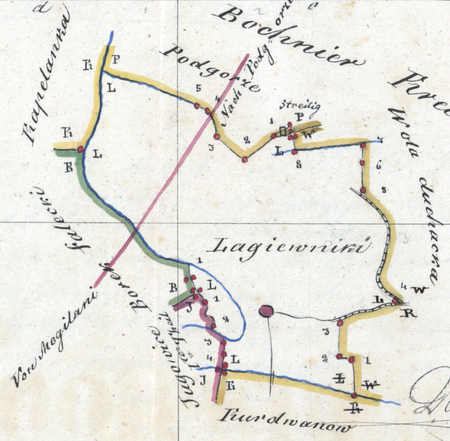 Centrum Łagiewnik na mapie katastralnej sporządzonej dla gminy katastralnej Łagiewniki w 1848 roku oraz pochodzący
z 1844 roku plan sytuacyjny z wyrysowanymi granicami gminy Łagiewniki oraz lokalizacją gmin sąsiadujących
(Archiwum Narodowe w Krakowie, sygn. K. Krak. 336 IV; sygn. K. Krak. op. 83, s. 1)