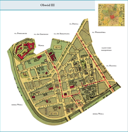 Obwód III według stanu z listopada 1928 r. na przywołanym wcześniej planie miasta z 1934 r. – w granicę dzielnicy administracyjnej,
którą stanowił Obwód III, wchodziły tereny dzielnicy katastralnej II–Wawel, zasadnicza część dzielnicy katastralnej VII–Stradom oraz
dzielnica katastralna VIII–Kazimierz. Od strony zachodniej, północnej i północno-wschodniej Obwód III okalała – od Wawelu po
most kolejowy – rzeka Wisła. Północną granicę wytyczały fragmenty ulic Podzamcze, św. Gertrudy, św. Sebastiana i Dietla. Od wschodu
granica przybliżała się do nasypu kolejowego linii do Płaszowa, biegnąc m.in. ul. Halicką. Użyte przy powyższym planie dzielnicy nazwy
terenowe podano według nazewnictwa obowiązującego aktualnie.