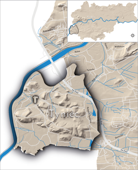 Orientacyjna lokalizacja dawnej wsi Tyniec w obecnych granicach Krakowa – na planie miasta oznaczono
jej położenie w kształcie wyznaczonym granicami jednostki katastralnej, jaką stanowiła, ze wskazaniem najstarszego,
historycznego centrum Tyńca w rejonie dzisiejszej ulicy Bogucianka