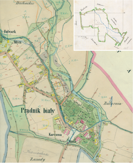 Centrum Prądnika Białego na mapie katastralnej sporządzonej dla gminy katastralnej Prądnik Biały w 1850 roku oraz pochodzący
z lat 1847–1848 plan sytuacyjny z wyrysowanymi granicami gminy Prądnik Biały i lokalizacją gmin sąsiadujących
(Archiwum Narodowe w Krakowie, sygn. K. Krak. 454 IV; sygn. WM 563a, nlb.)