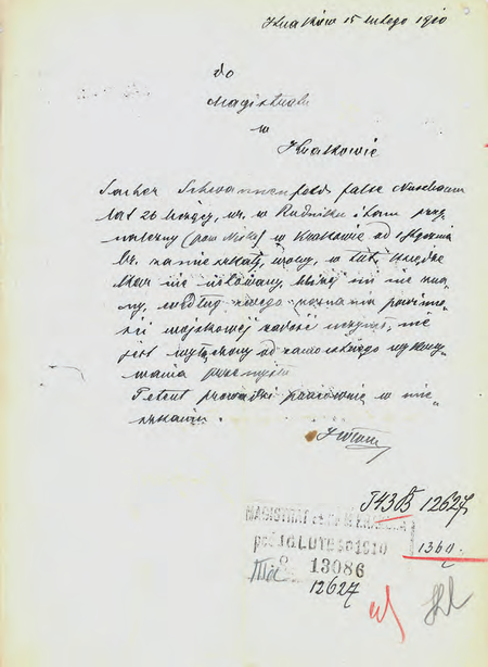 Z magistrackiego zbioru dokumentów koncesyjnych opinia wydana w 1910 r. przez komisarza Jana
Chryzostoma Włocha odnośnie do jednego z wnioskodawców o udzielenie koncesji
(Archiwum Narodowe w Krakowie, sygn. Kr 8325, nlb)