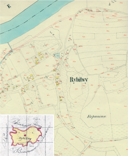 Centrum Rybitw na mapie katastralnej sporządzonej dla gminy katastralnej Rybitwy w 1849 roku oraz pochodzący
z 1847 roku plan sytuacyjny z wyrysowanymi granicami gminy Rybitwy oraz lokalizacją gmin sąsiadujących
(Archiwum Narodowe w Krakowie, sygn. K. Krak. 537; sygn. 29/280/1419, k. 1)