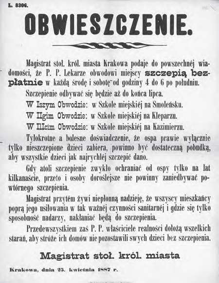 Przykład adresowania zarządzenia miejskiego do mieszkańców z wykorzystaniem podziału miasta na dzielnice administracyjne – obwody; można tu było wykorzystać podział na dzielnice katastralne, jednak zapewne
względy pragmatyczne przemówiły za obwodami administracyjnymi (Archiwum Narodowe w Krakowie, sygn. 29-665-146)