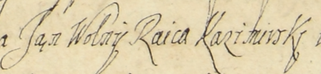 Z księgi testamentów mieszczan kazimierskich z lat 1622–1647: początkowy fragment sporządzonego w 1642 roku,
a wpisanego do księgi w roku 1643 testamentu rajcy Jana Wolnego młodszego – oraz zbliżenie zapisu imienia i urzędu
(Archiwum Narodowe w Krakowie, sygn. K 443, s. 429)