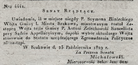 Obwieszczenie Senatu Rządzącego Wolnego Miasta Krakowa opublikowane w 1829 r.,
dotyczące powierzenia obowiązków wójta Antoniemu Żelechowskiemu
(DzRzWMK 1829, nr 41–42, s. 161–162)