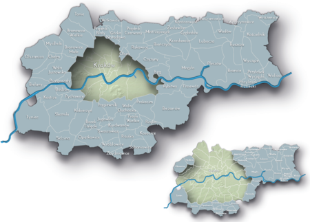 Na planie zakreślającym dzisiejsze granice Krakowa miejscowości przyłączone do Krakowa po 1915 roku,
oznaczone kolorem szarym określającym dla lat 1939–1945 ich przynależność do departamentu krakowskiego okupacyjnego,
niemieckiego Generalnego Gubernatorstwa