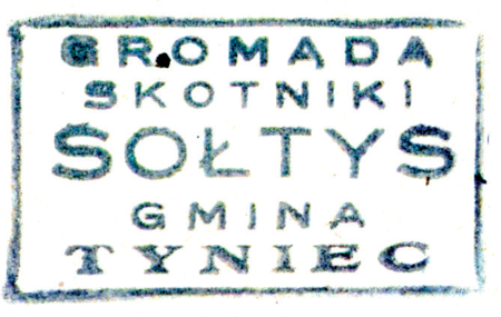 (1939)
Odciski pieczęci urzędowych Skotnik z lat
1862, 1907 i 1939 oraz odcisk pieczęci
dominium skotnickiego z 1845 roku
(Archiwum Narodowe w Krakowie,
sygn. 29/198/11, nlb.;
sygn. 29/206/327, nlb.; Archiwum
Opactwa Benedyktynów w Tyńcu,
sygn. 5/1/4/7; sygn. 5/2/6/1)