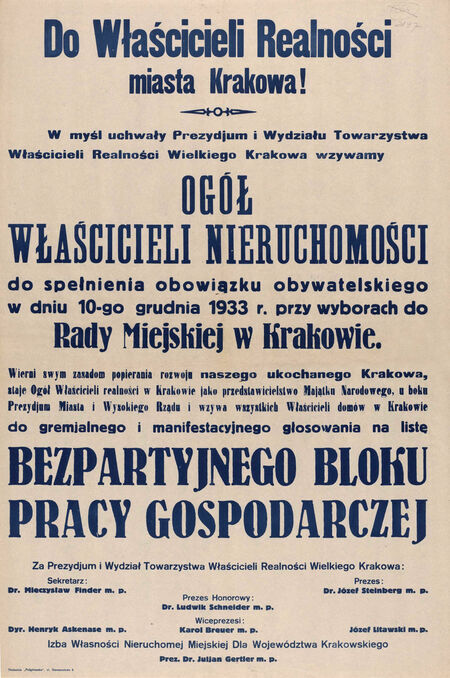 Afisz z kampanii przed wyborami do krakowskiej Rady Miejskiej,
które przeprowadzono 10 grudnia 1933 roku.