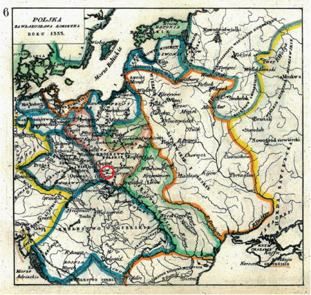 Mapa nr 6
Terytorium ziemi krakowskiej na mapie przedstawiającej Odrodzone Królestwo Polskie w roku śmierci Władysława Łokietka (1333);
przełamanie rozbicia dzielnicowego i koronacja Władysława Łokietka w 1320 roku przywróciły pełnowymiarową stołeczność Krakowowi,
a okolicznym wsiom rangę „podstołecznych” – do faktycznego przeniesienia stolicy z Krakowa w latach 1596–1609 oraz formalnego
ustania krakowskiej stołeczności w 1795 roku