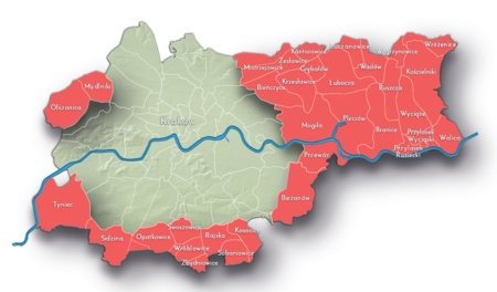 Na planie obrazującym dzisiejsze granice Krakowa miejscowości przyłączone do Krakowa po 1915 roku, oznaczone kolorem
czerwonym określającym ich przynależność w latach 1945–1985 do województwa krakowskiego, w latach 1975–1984
województwa miejskiego krakowskiego – w Rzeczypospolitej Polskiej