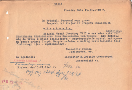 W latach stalinowskich, tak jak i inni obywatele, również i pracownicy komisariatów obwodowych czasem znikali.
Tak zaginął 7 stycznia 1947 r. urzędnik Obwodu VIII, który odnalazł się po 10 dniach.
Zniknął również 15 listopada następnego roku, także i wtedy udało mu się powrócić
(Archiwum Zakładowe Urzędu Miasta Krakowa, sygn. spis 3749/397)