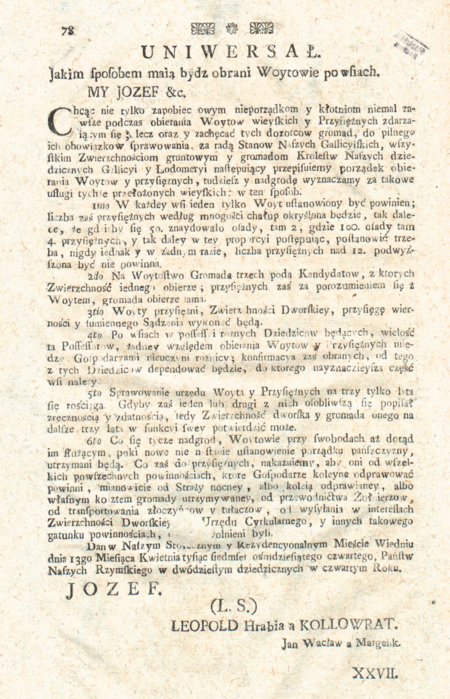 Patent cesarski wydany w 1784 roku regulujący sposób wyboru wójtów we wsiach – ze zbioru praw Pilleriana rok 1784, Nr XXIV, s. 78
(Biblioteka Jagiellońska, sygn. 34216 IV, Mag. St. Dr.)