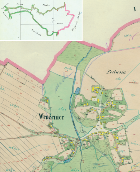 Centrum Wróżenic na mapie katastralnej sporządzonej dla gminy katastralnej Wróżenice w 1850 roku oraz pochodzący
z lat 1847–1848 plan sytuacyjny z wyrysowanymi granicami gminy Wróżenice i lokalizacją gmin sąsiadujących
(Archiwum Narodowe w Krakowie, sygn. K. Krak. 706 II; sygn. WM 563a, nlb.)