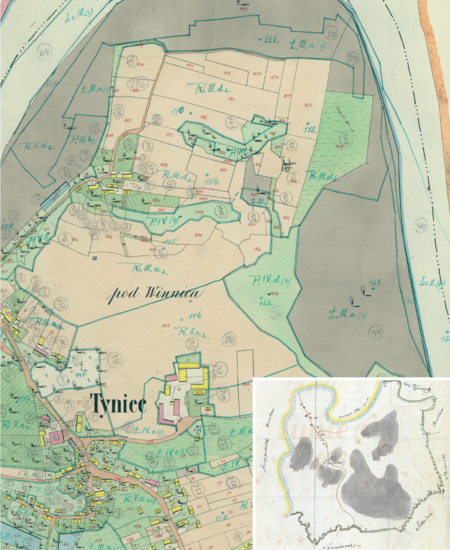 Centrum Tyńca na mapie katastralnej sporządzonej dla gminy katastralnej Tyniec w 1849 roku oraz pochodzący
z 1890 roku plan sytuacyjny z wyrysowanymi granicami gminy Tyniec i lokalizacją gmin sąsiadujących
(Archiwum Narodowe w Krakowie, sygn. K. Krak. 634 II; sygn. K. Krak. op. 184, s. 1)