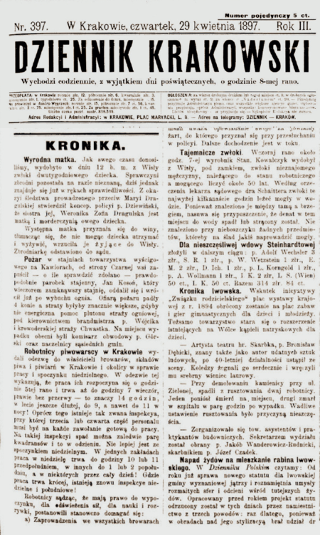 Notka prasowa Pożar o wizji lokalnej dokonanej przez komisarza Franciszka Górskiego w związku
z pożarem w stajniach towarzystwa wyścigowego na Kawiorach
(„Dziennik Krakowski” 1897, nr 397, s. 1, 5)