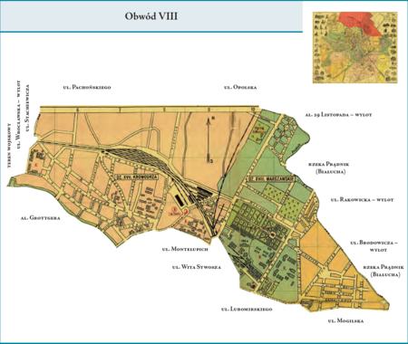 Obwód VIII według stanu z listopada 1928 r. na przywołanym wcześniej planie miasta z 1934 r. – stanowił dzielnicę administracyjną
utworzoną z terenów dzielnic katastralnych XVII–Krowodrza i XVIII–Warszawskie. Od strony południowo-zachodniej i zachodniej
sięgał dawnej Młynówki Królewskiej, na odcinku obecnej ul. Grottera, i dalej na północ przez wylot ul. Wrocławskiej
do ul. Stachiewicza. Od strony północnej Obwód VIII zamknięty był granicą miasta – w rejonie ulic Pachońskiego i Opolskiej.
Od przecięcia linii kolejowej do Warszawy z rzeką Prądnik (rejon ulic Opolskiej i Żmujdzkiej) granicę Obwodu VIII stanowiło już koryto
rzeki Prądnik (Białuchy), wytyczające wschodni zasięg dzielnicy, do ul. Mogilskiej na południu. Od strony południowej granica Obwodu
biegła ku zachodowi ulicami Mogilską i Lubomirskiego, rejonem ul. Wita Stwosza, ul. Montelupich i al. Słowackiego
do ul. Grottgera. Użyte tutaj i przy powyższym planie dzielnicy nazwy terenowe podano według nazewnictwa obowiązującego aktualnie.