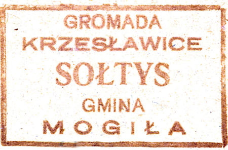 (1946)
Odciski pieczęci urzędowych Krzesławic
z lat 1830, 1867, 1925 i 1946
(Archiwum Narodowe w Krakowie,
sygn. 29/455/308, nlb.;
sygn. WMK XIV-80, s. 2078;
sygn. PUZKr 51, nlb.; sygn. 29/1080/11, s. 83)