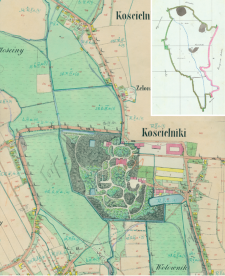 Centrum Kościelnik na mapie katastralnej sporządzonej dla gminy katastralnej Kościelniki w 1850 roku oraz pochodzący
z lat 1847–1848 plan sytuacyjny z wyrysowanymi granicami gminy Kościelniki i lokalizacją gmin sąsiadujących
(Archiwum Narodowe w Krakowie, sygn. K. Krak. 254 III, IV; sygn. WM 562, s. 1675)