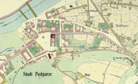 Mapa katastralna Podgórza według stanu na rok 1849 – miasto w pełnych granicach oraz zbliżenie planu centrum
(Archiwum Narodowe w Krakowie, sygn. K. Krak. 441)