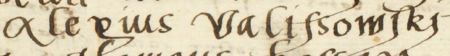 Z księgi radzieckiej Kleparza obejmującej lata 1539–1546: wpis z 1540 roku dokumentujący
wybór rady urzędującej, z rajcą-burmistrzem Aleksym Waliszowskim w składzie – oraz zbliżenie zapisu imienia
(Archiwum Narodowe w Krakowie, sygn. KL 24, s. 34)